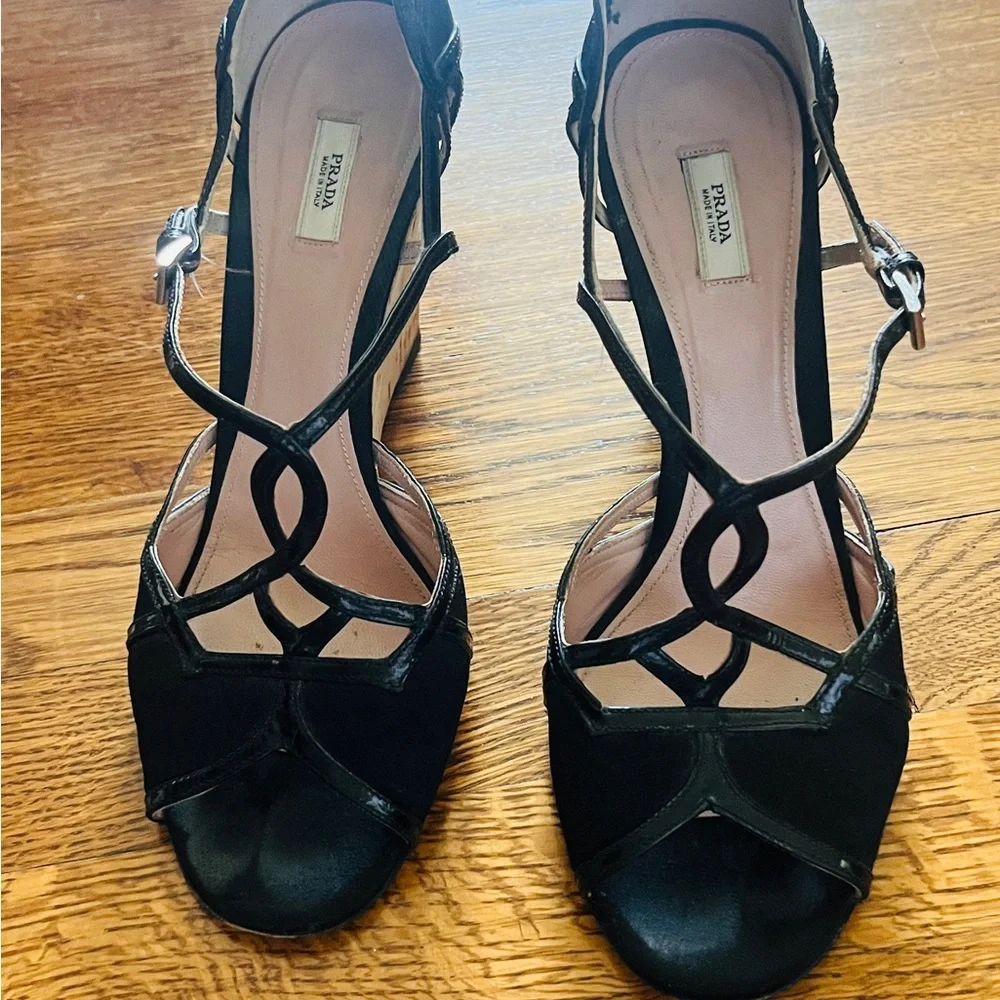 Prada Black and Tan Cork Wedges